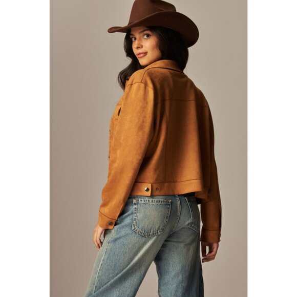 LOVE POEM Camel Vegan Suede Front Pocket Button Closure Collared Trucker Jacket - Picture 5 of 6